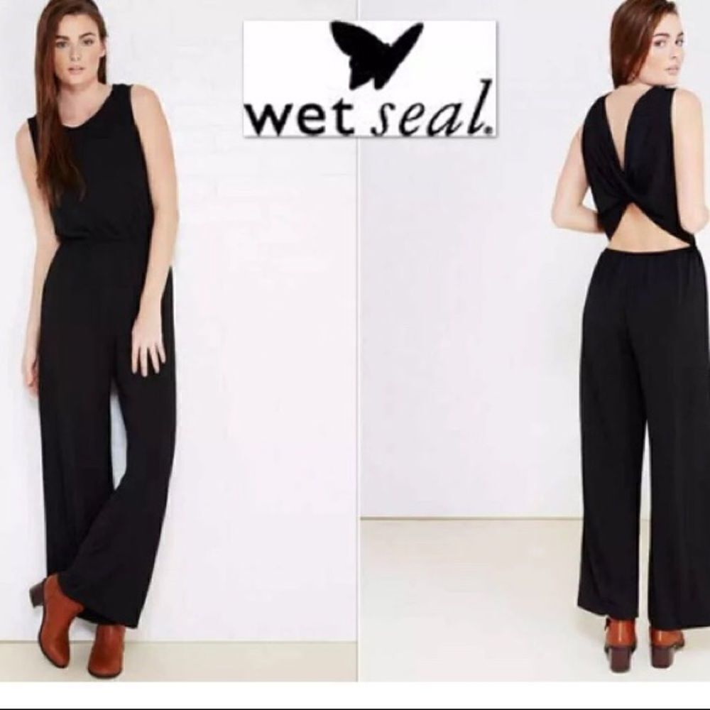 NWT Wet Seal Black Draped Back Flare Jumpsuit